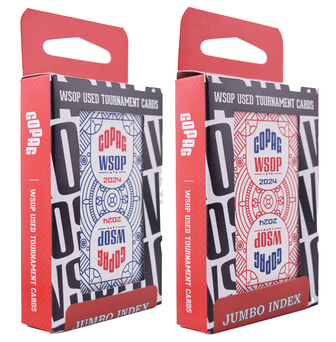 Copag WSOP 2024 Tournament Used 100% Plastic Playing Cards - Narrow Size (Bridge) Jumbo Index Blue/Red Double Deck Set