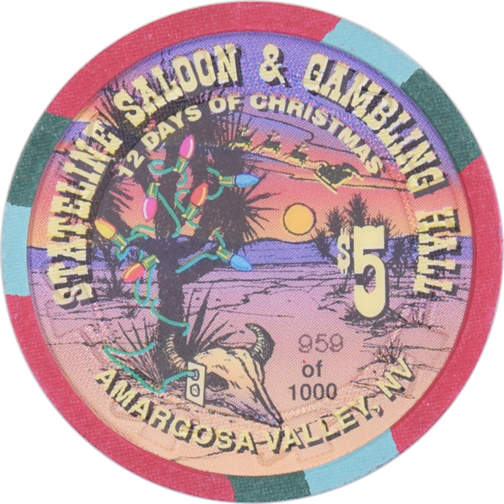 Stateline Saloon Casino Amargosa Valley Nevada $5 Ten Pipers Piping Chip 1996