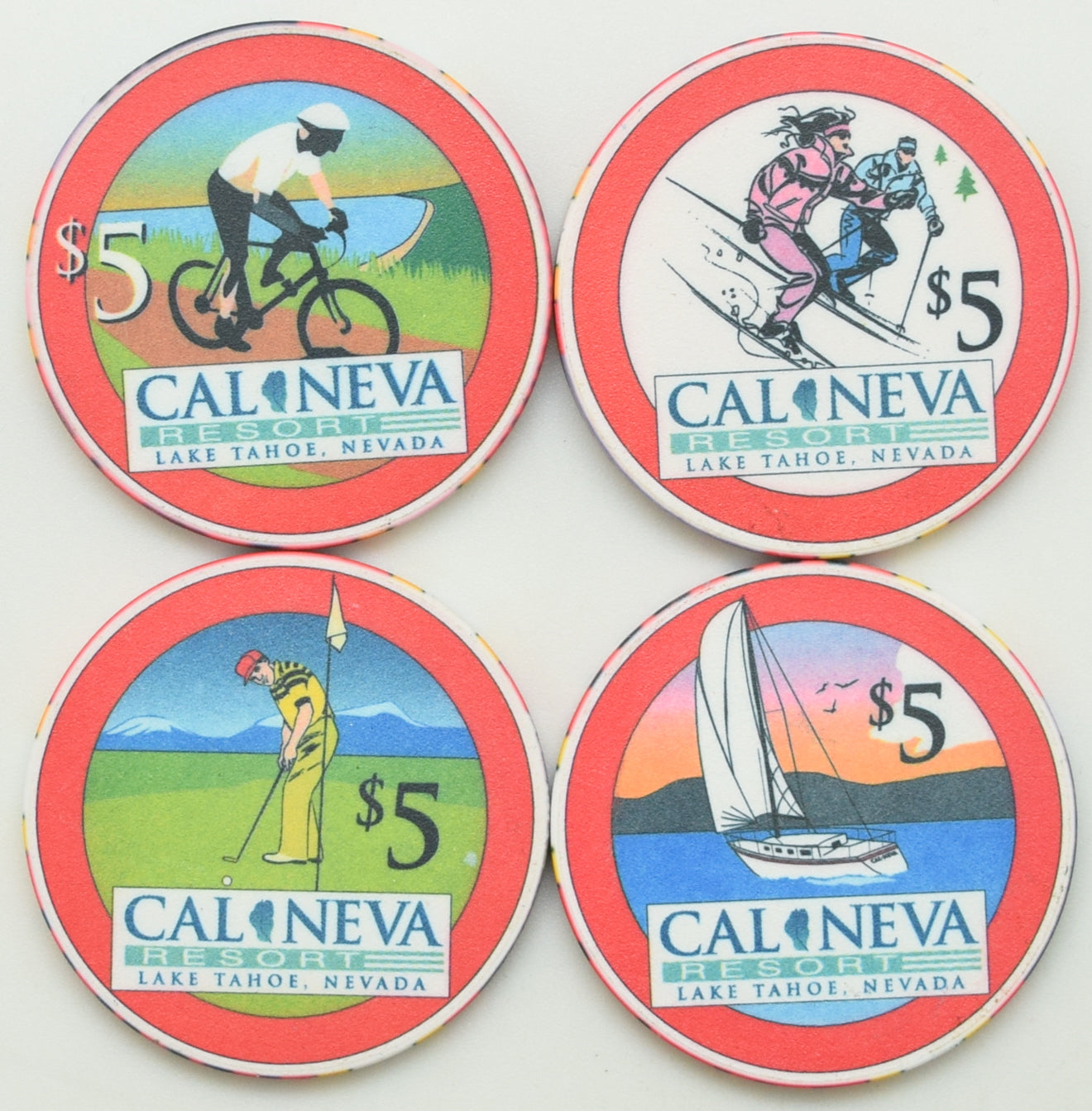 Cal-Neva Lodge Casino Lake Tahoe Nevada Set of 4 $5 Outdoor Activities Chips 1996