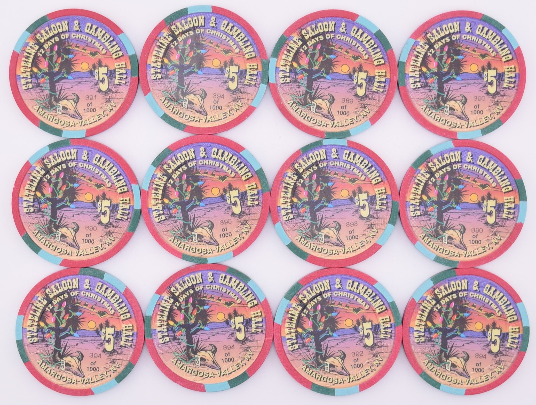 Stateline Saloon Casino Amargosa Valley NV Set of 12 $5 Chips with 12 Days of Christmas 1996