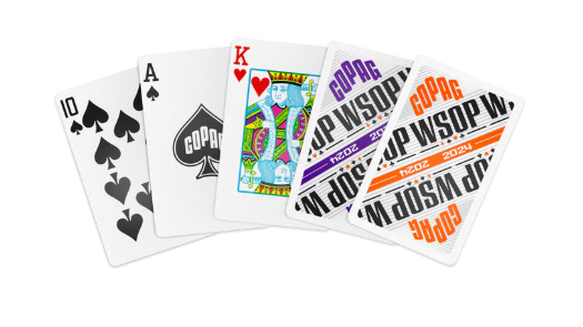 Copag WSOP 2024 Tournament Used Modern Design 100% Plastic Playing Cards - Narrow Size (Bridge) Regular Index Purple/Orange Double Deck Set