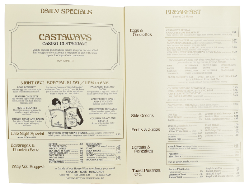 Castaways Casino Las Vegas Nevada Tri-Fold Menu