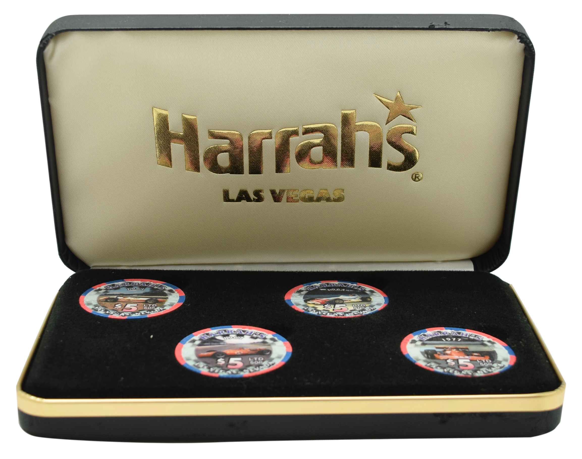 Harrah's Casino Las Vegas Nevada Set of 4 Different Race Car $5 Chips with Case 2001