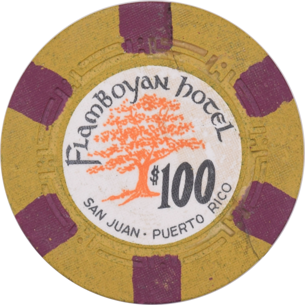 Flamboyan Hotel Casino San Juan Puerto Rico $100 Mustard H.C.E Chip