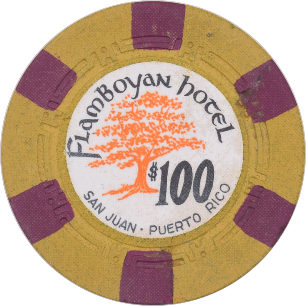 Flamboyan Hotel Casino San Juan Puerto Rico $100 Mustard H.C.E Chip