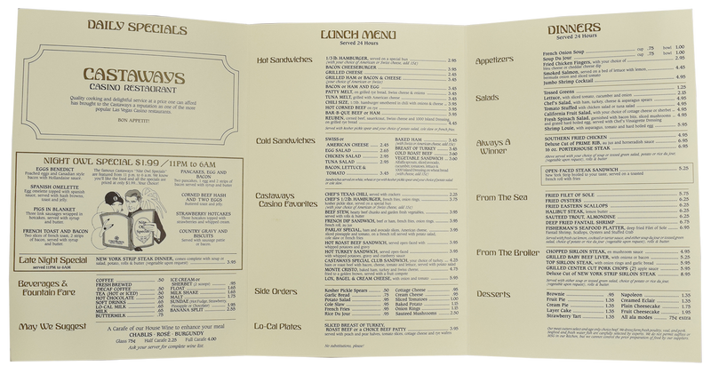 Castaways Casino Las Vegas Nevada Tri-Fold Menu