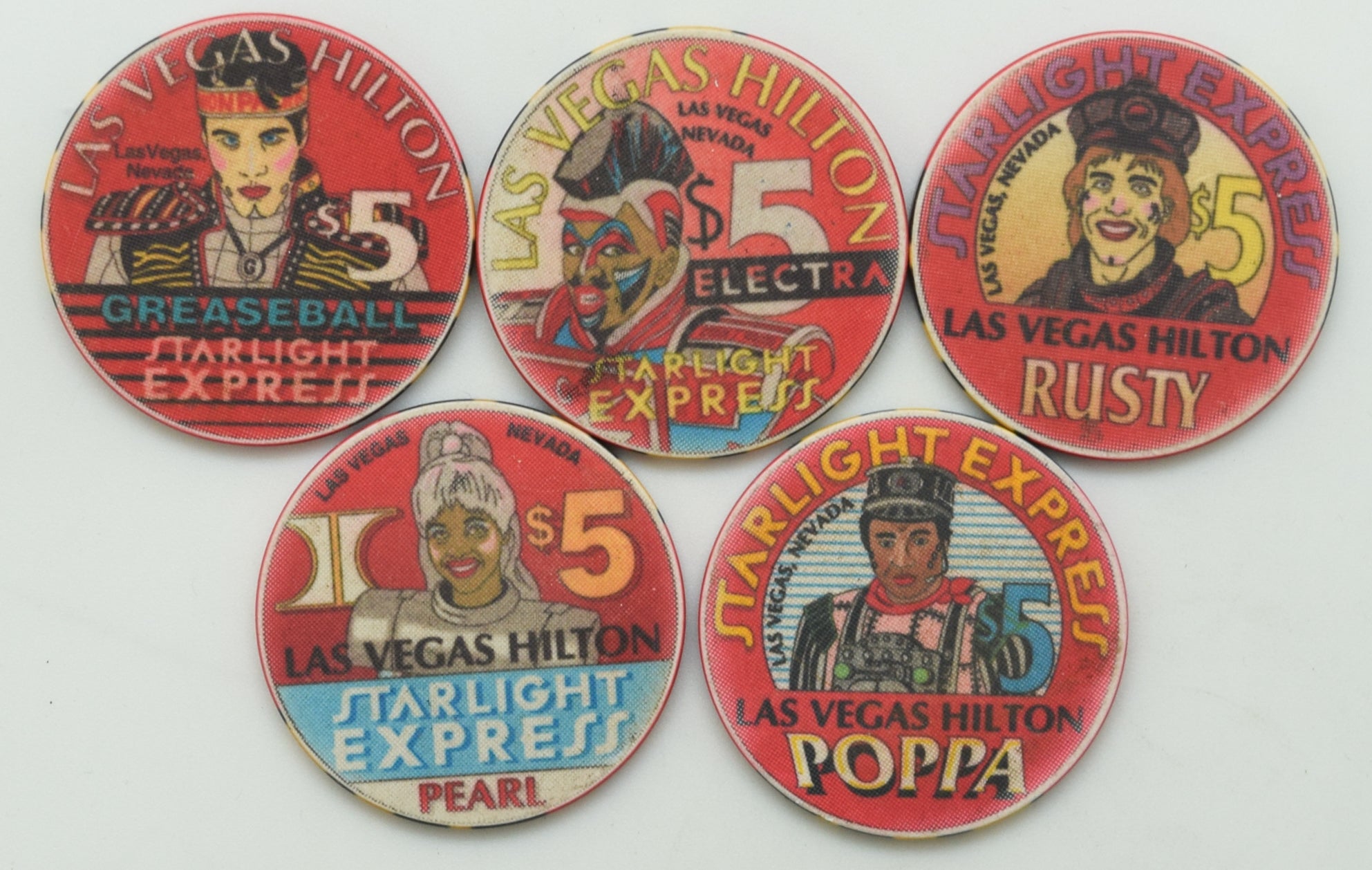 Las Vegas Hilton Casino Las Vegas Nevada Set of 5 Starlight Express $5 Chips 1997