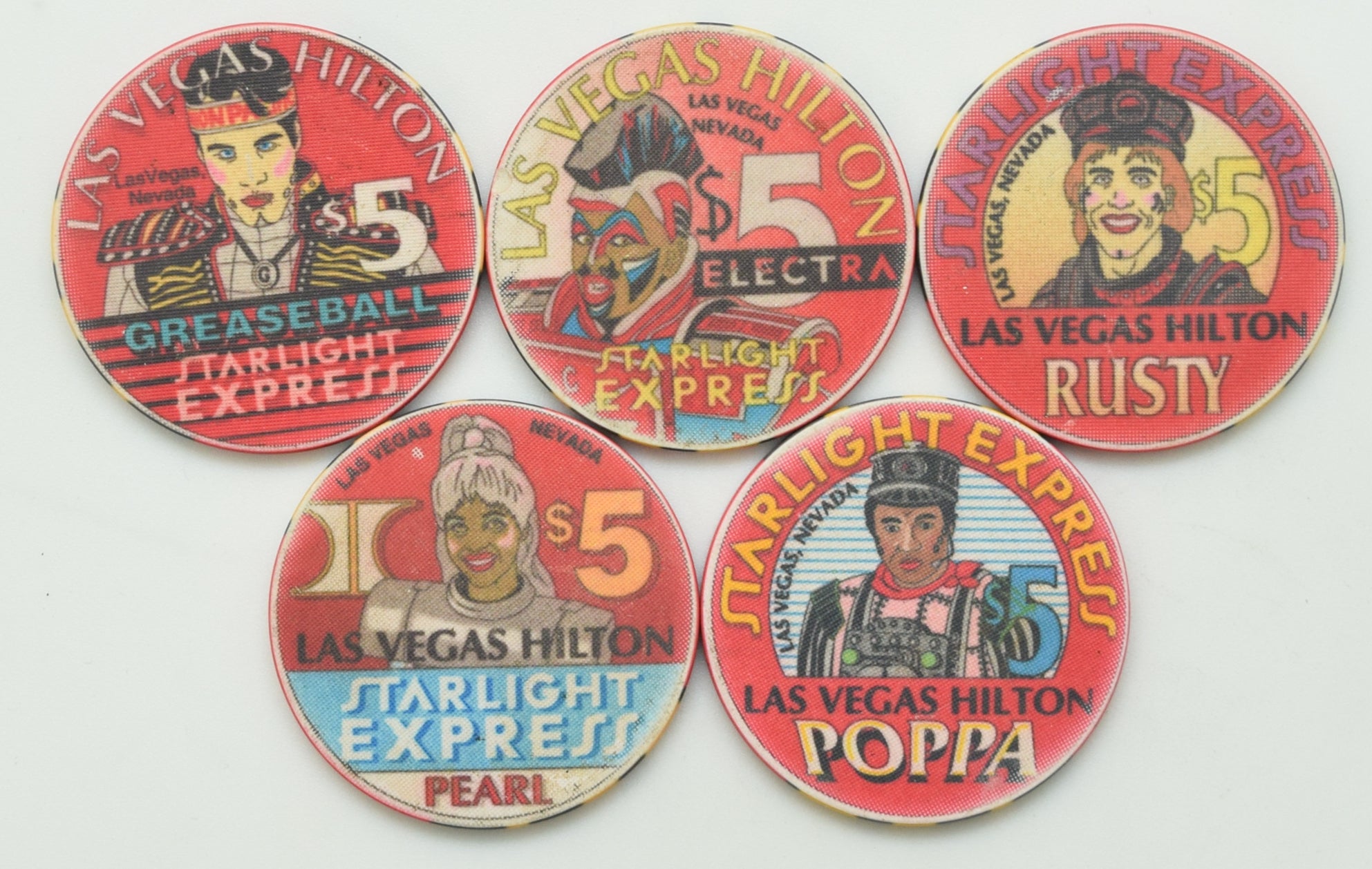 Las Vegas Hilton Casino Las Vegas Nevada Set of 5 Starlight Express $5 Chips 1997