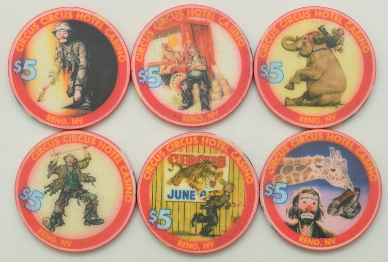 Circus Circus Casino Reno Nevada Set of 6 $5 Chips 1998