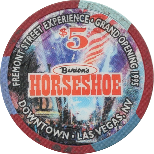 Binion's Horseshoe Club Casino Las Vegas Nevada $5 Fremont Street Experience Grand Opening Chip 1995