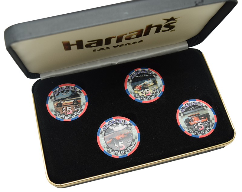 Harrah's Casino Las Vegas Nevada Set of 4 Different Race Car $5 Chips with Case 2001