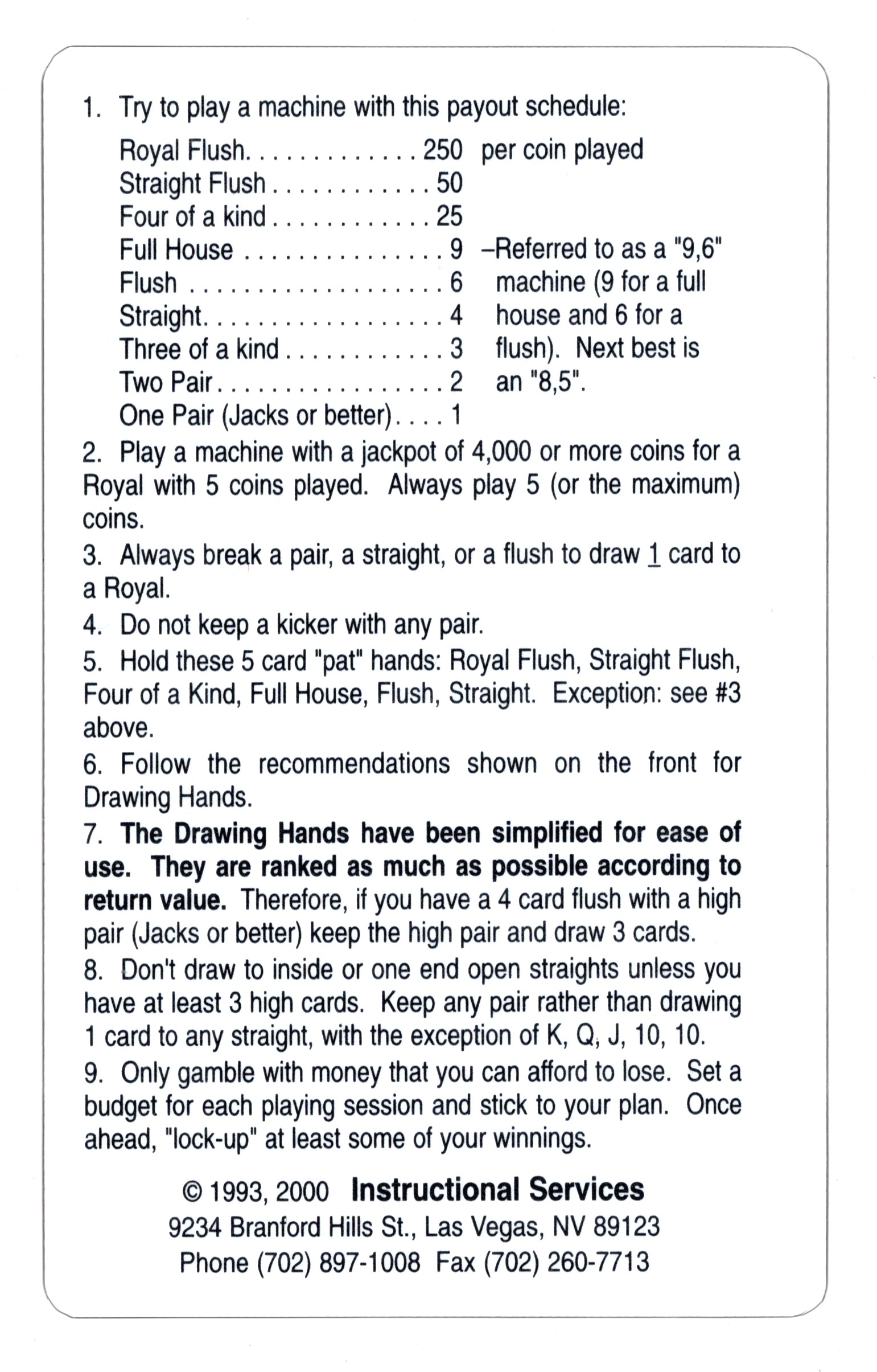 Basic Strategy Card for Video Poker