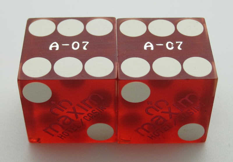 Maxim Hotel and Casino Red Used Dice, One pair 1985 Matching Pair