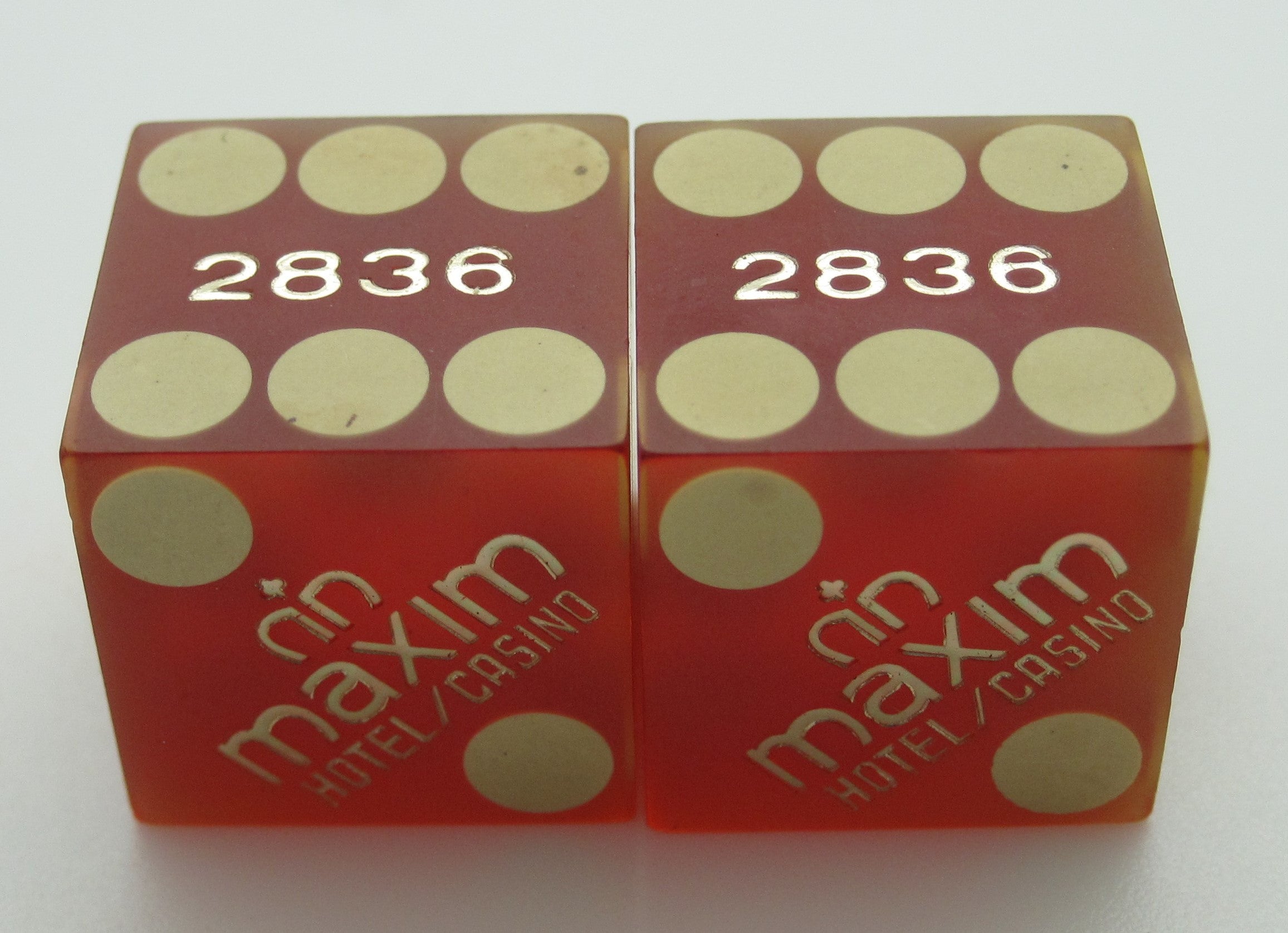 Maxim Hotel and Casino Red Used Dice, One pair 1980's Matching Pair