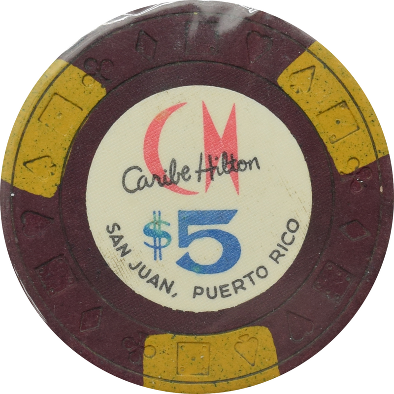 Caribe Hilton Casino San Juan Puerto Rico $5 Ewing 3 Mustard Edge Spots Chip