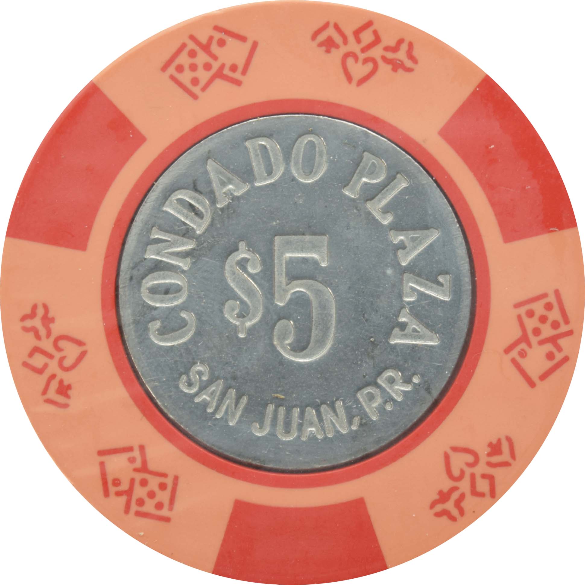 Condado Plaza Casino San Juan Puerto Rico $5 Pink Coin Inlay Chip