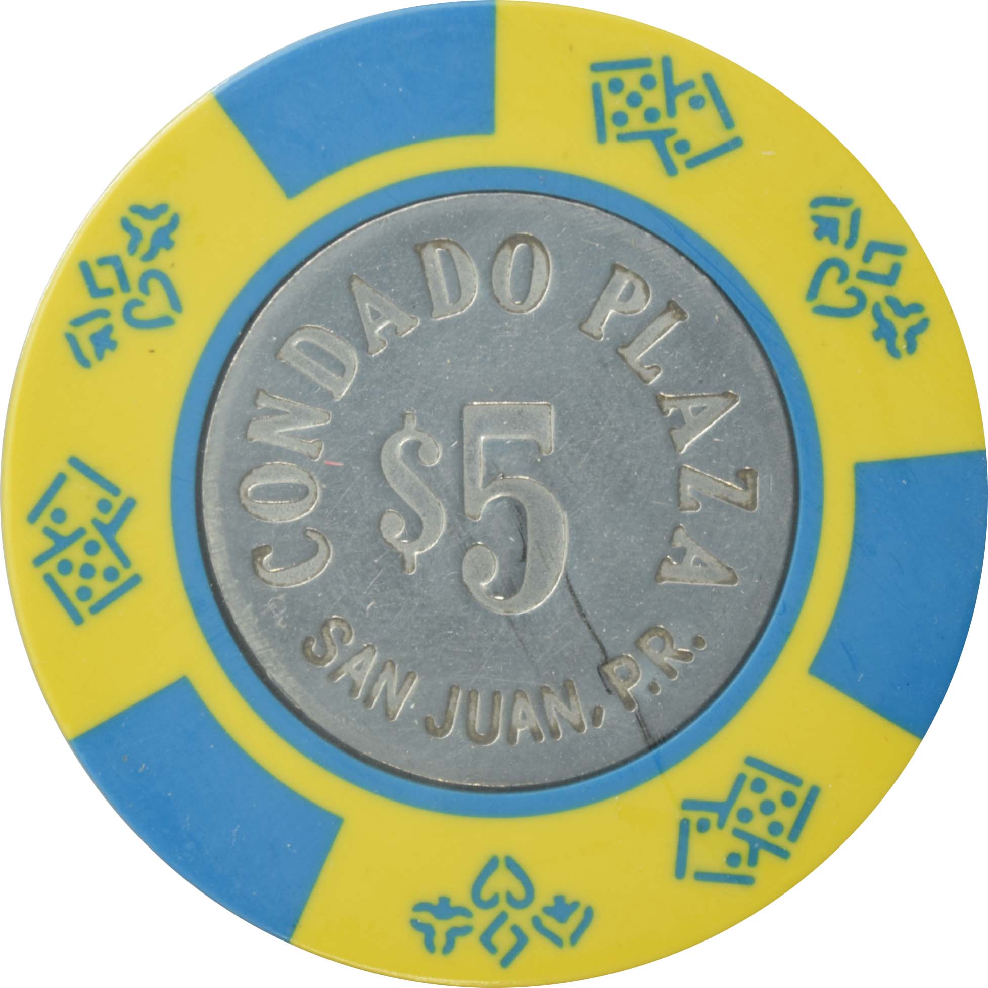 Condado Plaza Casino San Juan Puerto Rico $5 Yellow Coin Inlay Chip