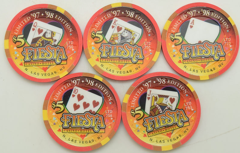 Fiesta Casino North Las Vegas Nevada Set of 5 Royal Flush of Hearts Chips 1997