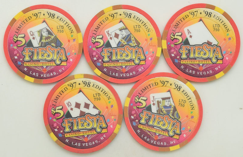 Fiesta Casino North Las Vegas Nevada Set of 5 Royal Flush of Diamonds Chips 1997