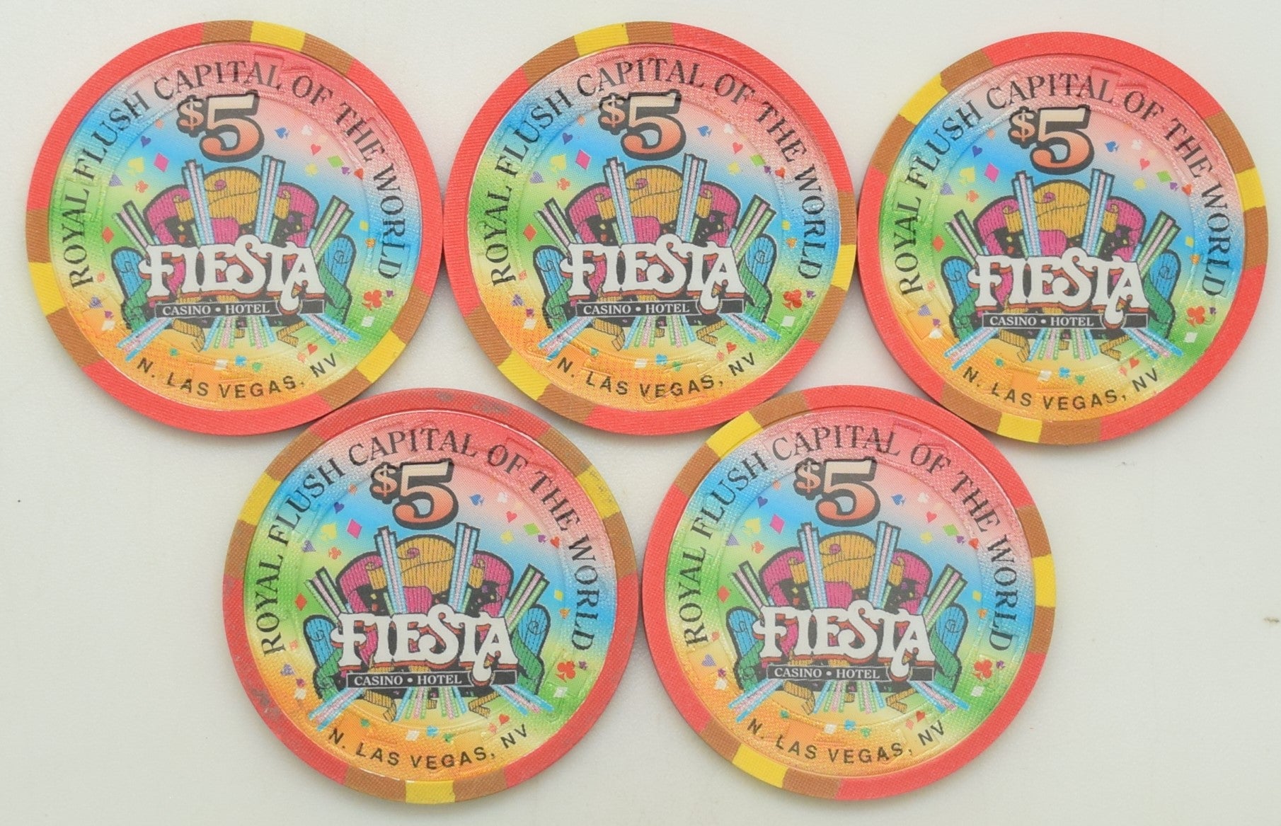 Fiesta Casino North Las Vegas Nevada Set of 5 Royal Flush of Diamonds Chips 1997