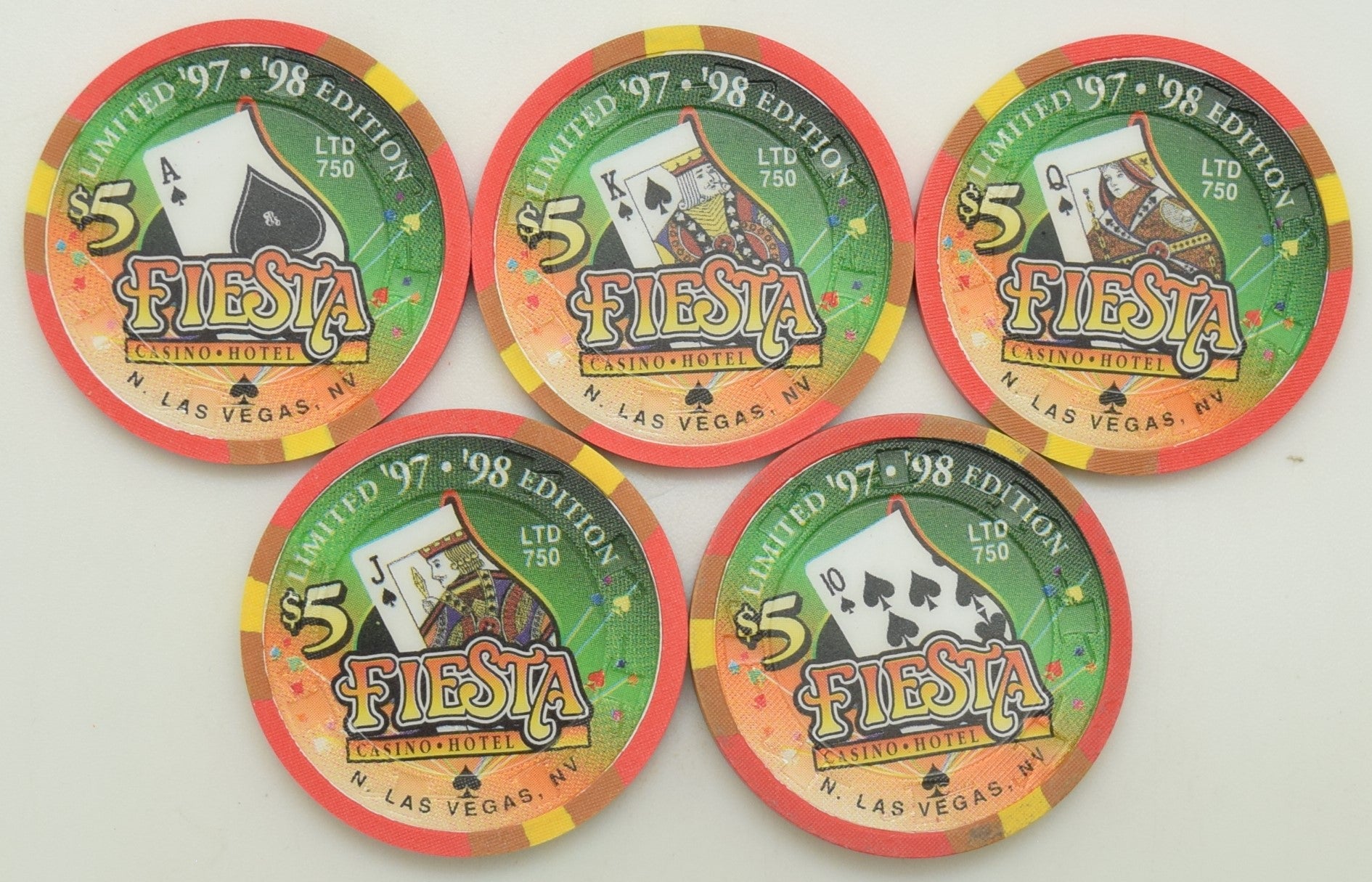 Fiesta Casino North Las Vegas Nevada Set of 5 Royal Flush of Spades Chips 1997