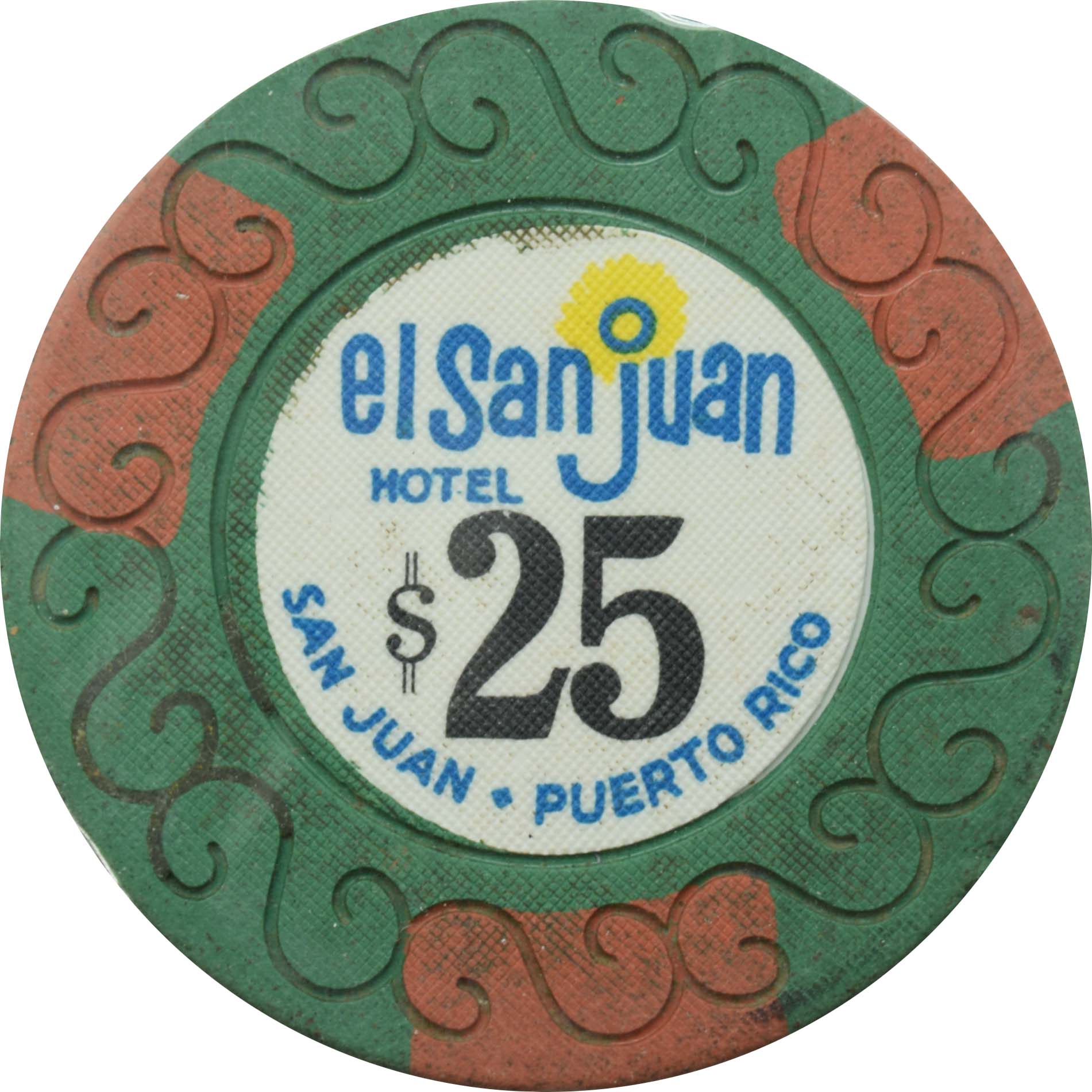 El San Juan Hotel Casino Isla Verde Puerto Rico $25 Scroll Orange Edgespots Chip