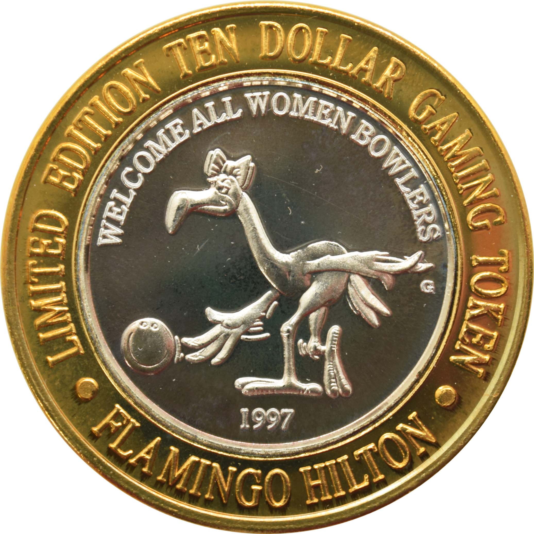 Flamingo Hilton Casino Reno "Welcome All Women Bowlers" $10 Silver Strike .999 Fine Silver 1997