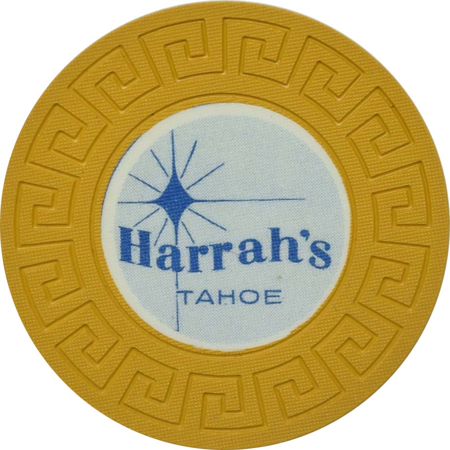 Harrah's Casino Lake Tahoe Nevada Yellow Blue Inlay LgKey Roulette Chip 1966