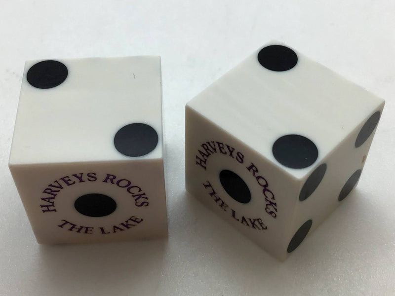 Harvey's Lake Tahoe Nevada White Dice Pair Purple Inlay