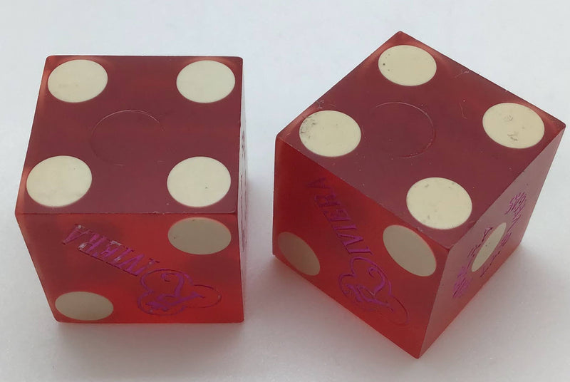 Riviera Hotel and Casino Las Vegas Nevada Red Dice Pair Pink Logo