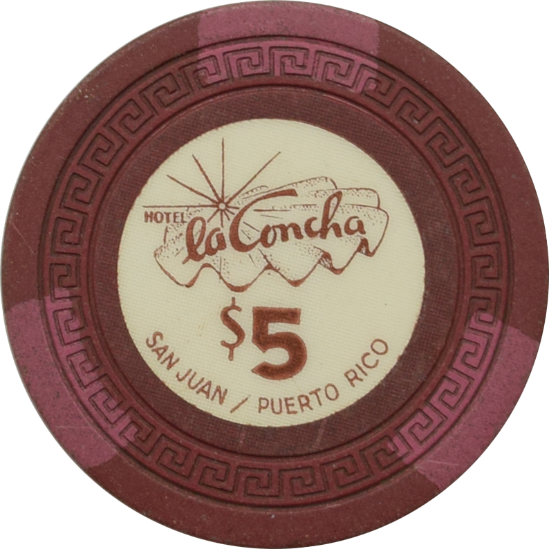 La Concha Casino San Juan Puerto Rico $5 (Dk Red / 3 Fuschia) Chip