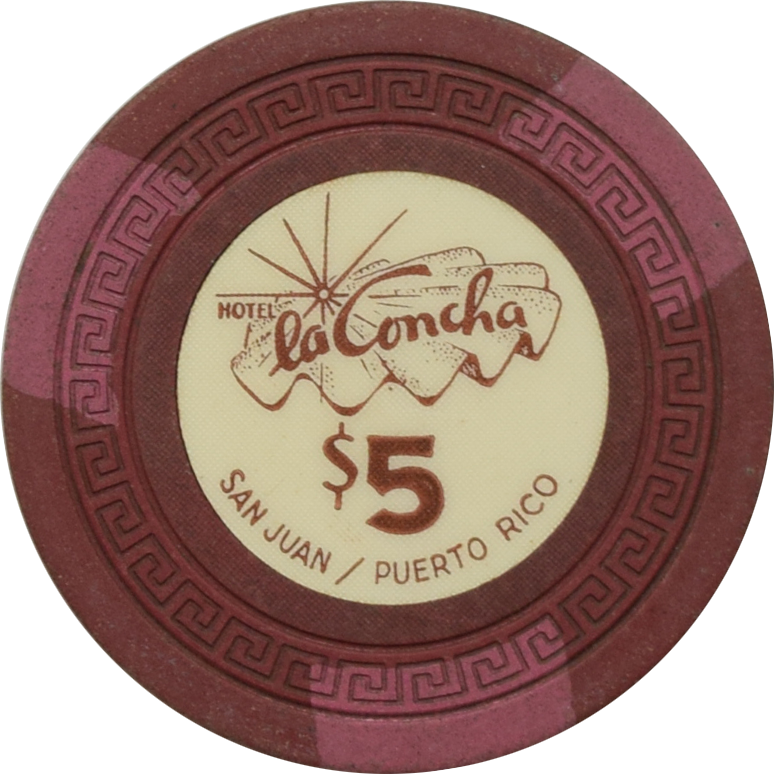 La Concha Casino San Juan Puerto Rico $5 (Dk Red / 3 Fuschia) Chip