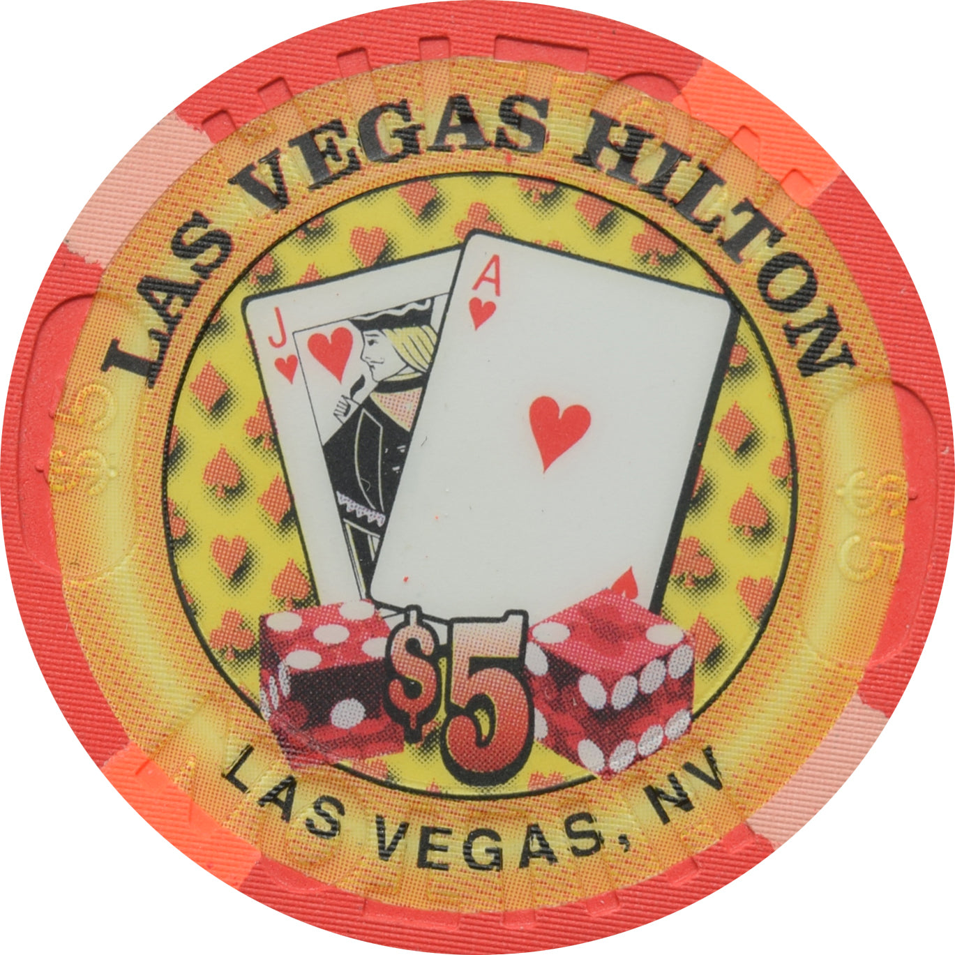 Las Vegas Hilton Casino Las Vegas Nevada $5 Blackjack Hearts Chip 1999