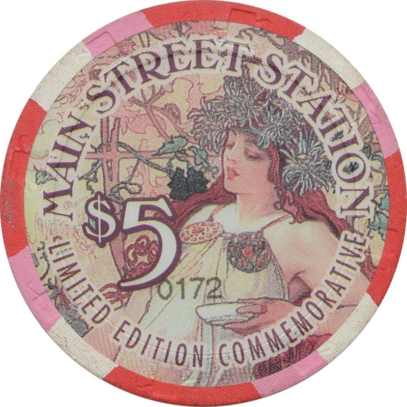 Main Street Station Casino Las Vegas Nevada $5 Mucha, White Bowl Chip 1997