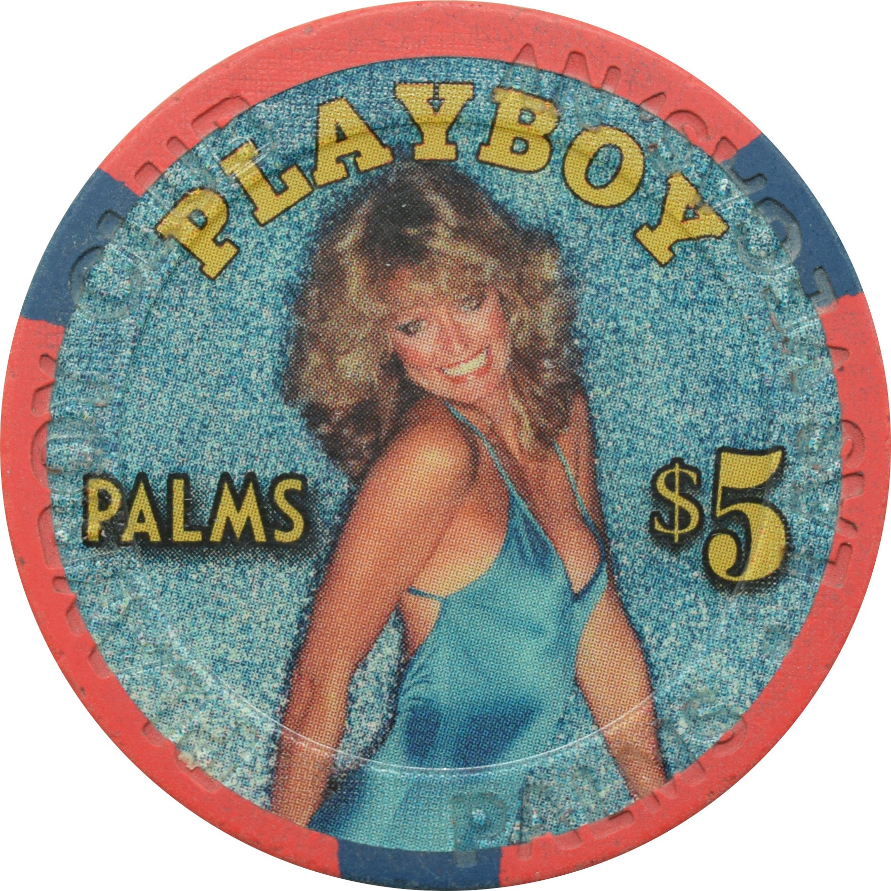 Palms Playboy Club Casino Las Vegas Nevada $5 Farrah Fawcett Blue Dress Chip 2009