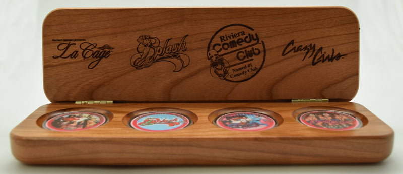 Riviera Casino Las Vegas Nevada Set of 4 Show Chips - Splash, La Cage, Riviera Comedy Club and Crazy Girls in Wooden Case