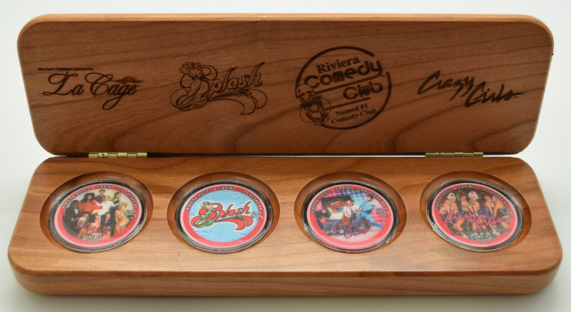 Riviera Casino Las Vegas Nevada Set of 4 Show Chips - Splash, La Cage, Riviera Comedy Club and Crazy Girls in Wooden Case