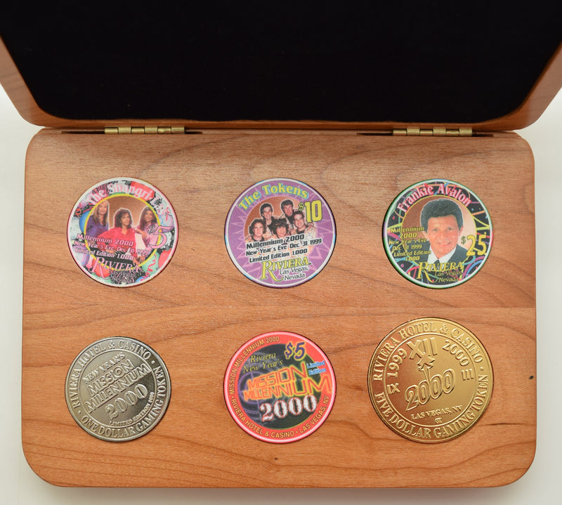 Riviera Casino Las Vegas Nevada Set of 6 Chips & Tokens - Millennium Set in Wooden Case