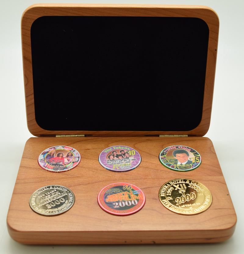 Riviera Casino Las Vegas Nevada Set of 6 Chips & Tokens - Millennium Set in Wooden Case