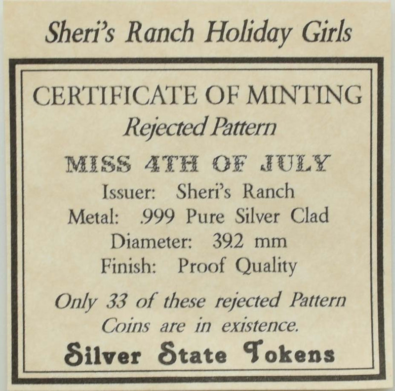 Sheri's Ranch Brothel Pahrump Nevada .999 Silver Clad "Miss 4th of July" Right Facing Rejected Pattern Silver State Token