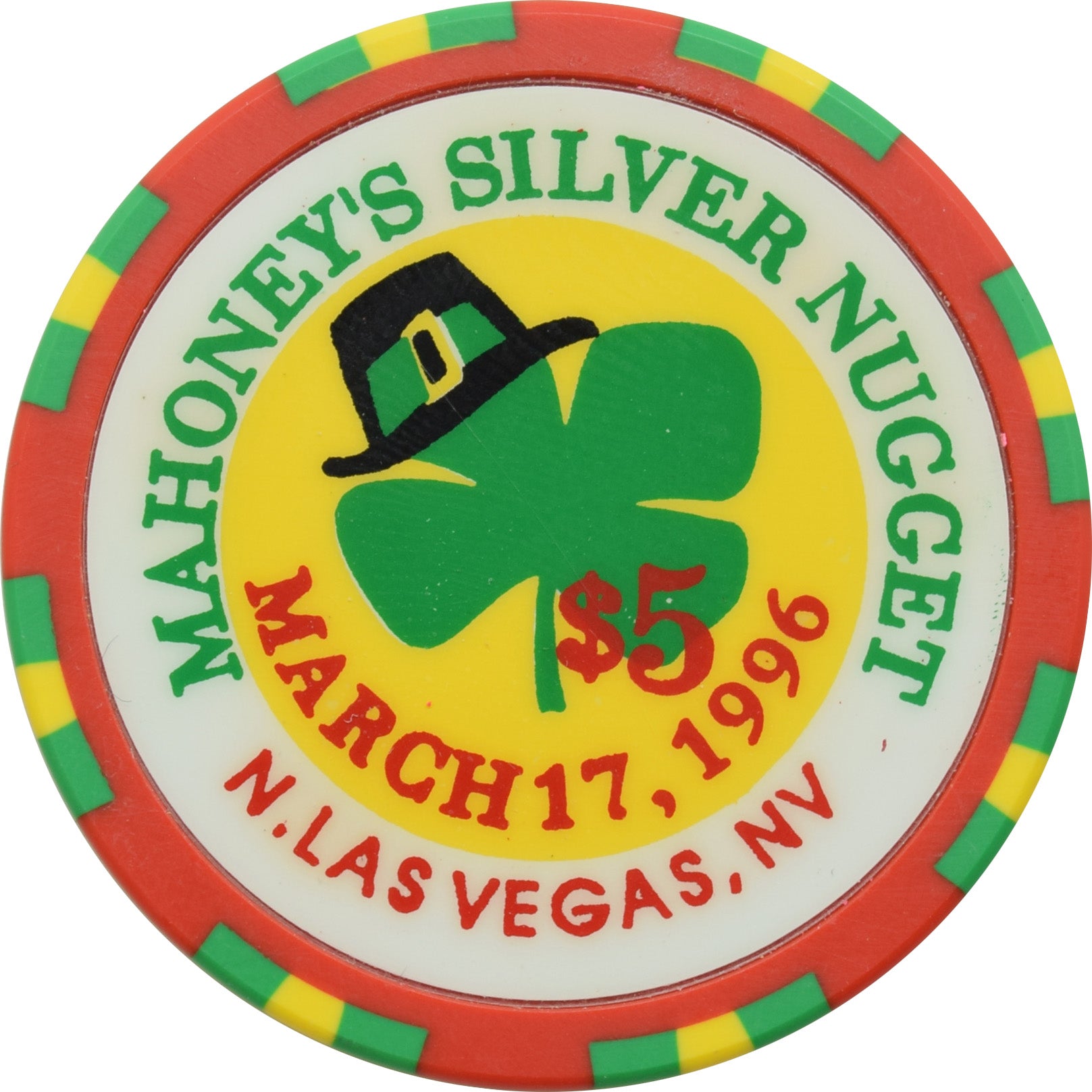 Mahoney's Silver Nugget Casino N. Las Vegas Nevada $5 St. Patrick's Day Chip 1996