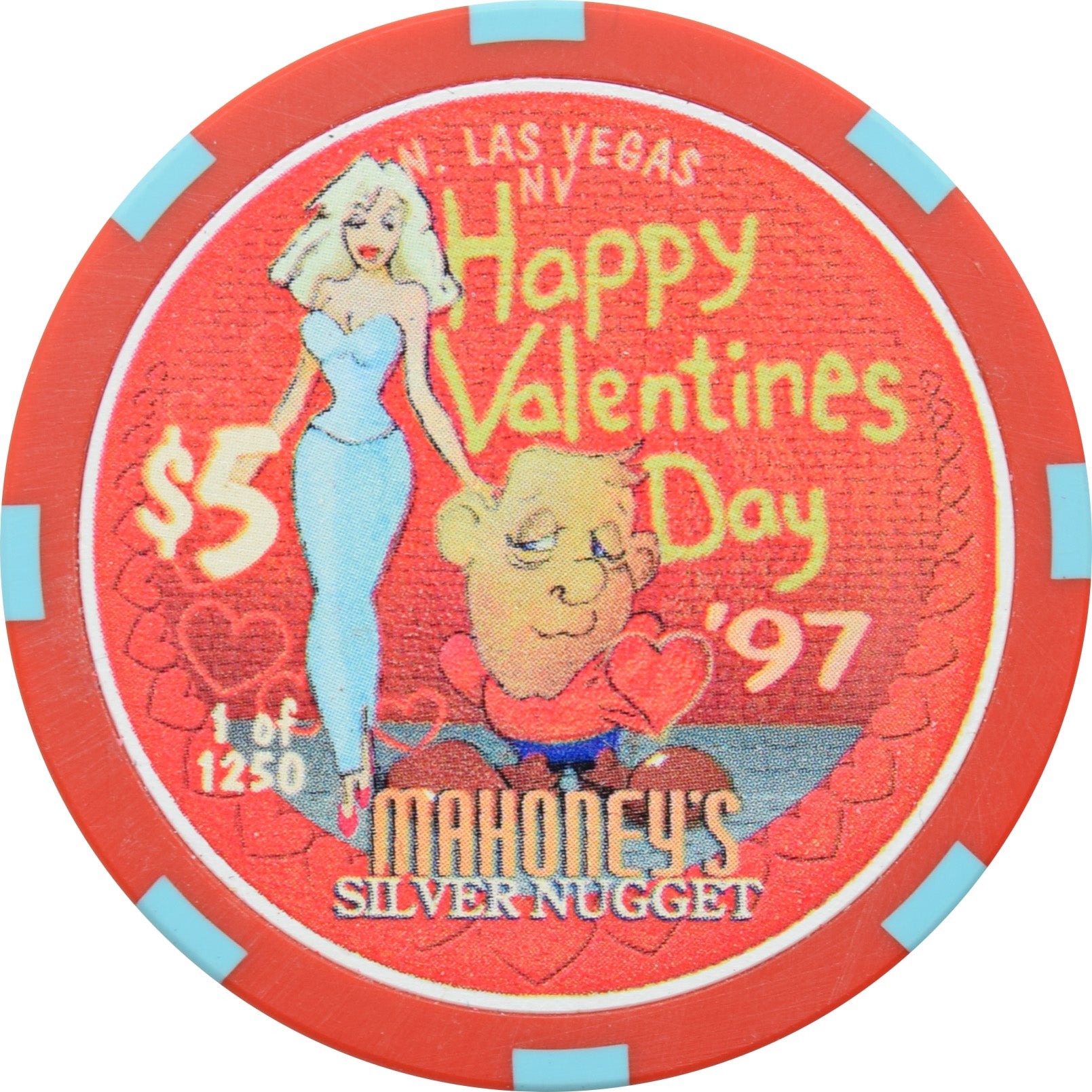 Mahoney's Silver Nugget Casino N. Las Vegas Nevada $5 Valentine's Day Chip 1997