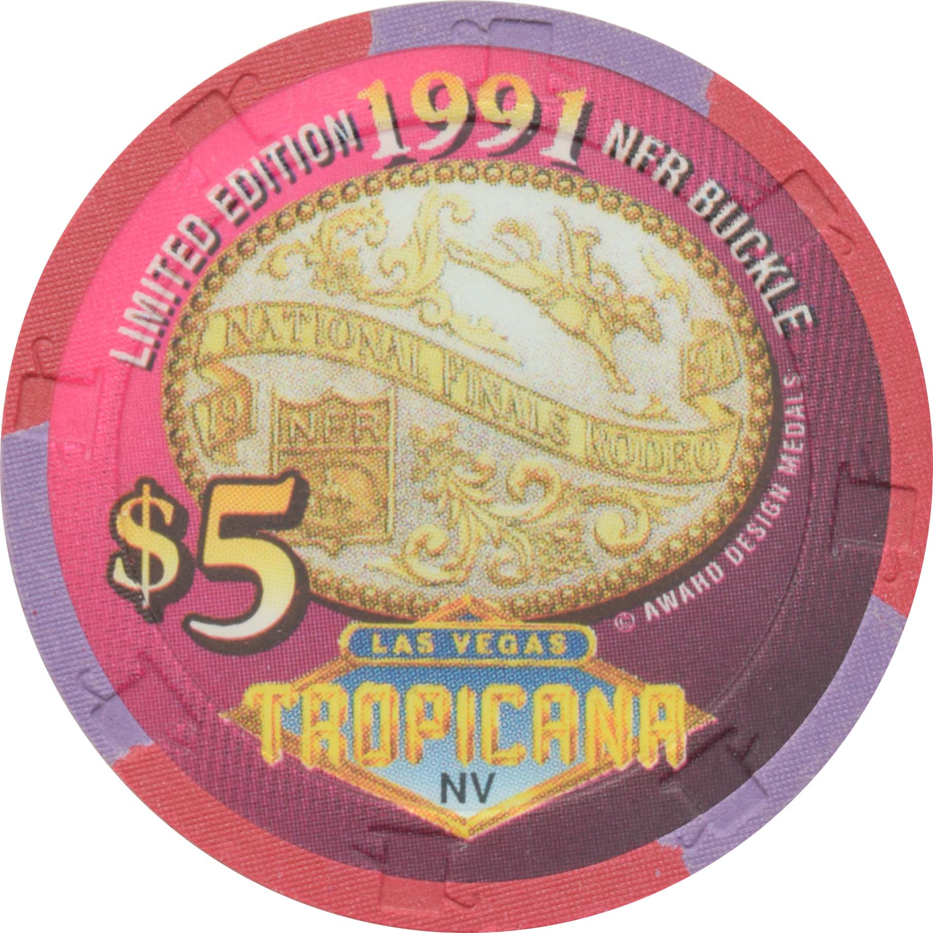 Tropicana Casino Las Vegas Nevada $5 National Finals Rodeo Buckle 1991 Chip 1996