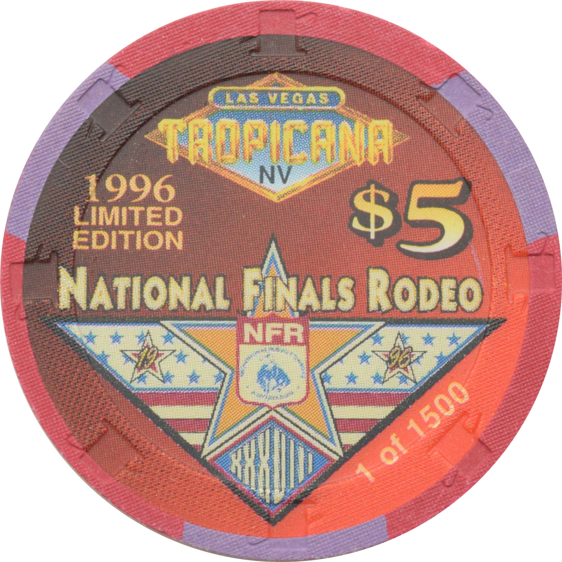 Tropicana Casino Las Vegas Nevada $5 National Finals Rodeo Buckle 1992 Chip 1996