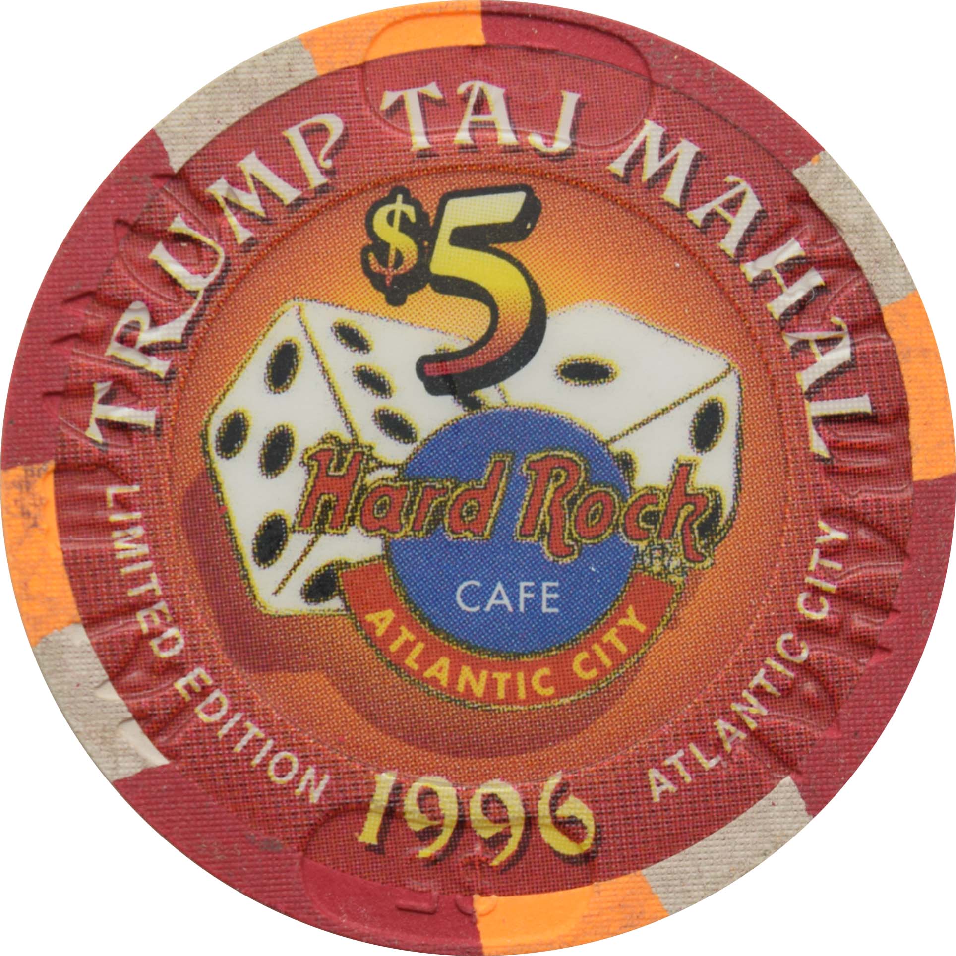 Trump Taj Mahal Casino $5 Chip Atlantic City New Jersey Hard Rock Cafe Grand Opening