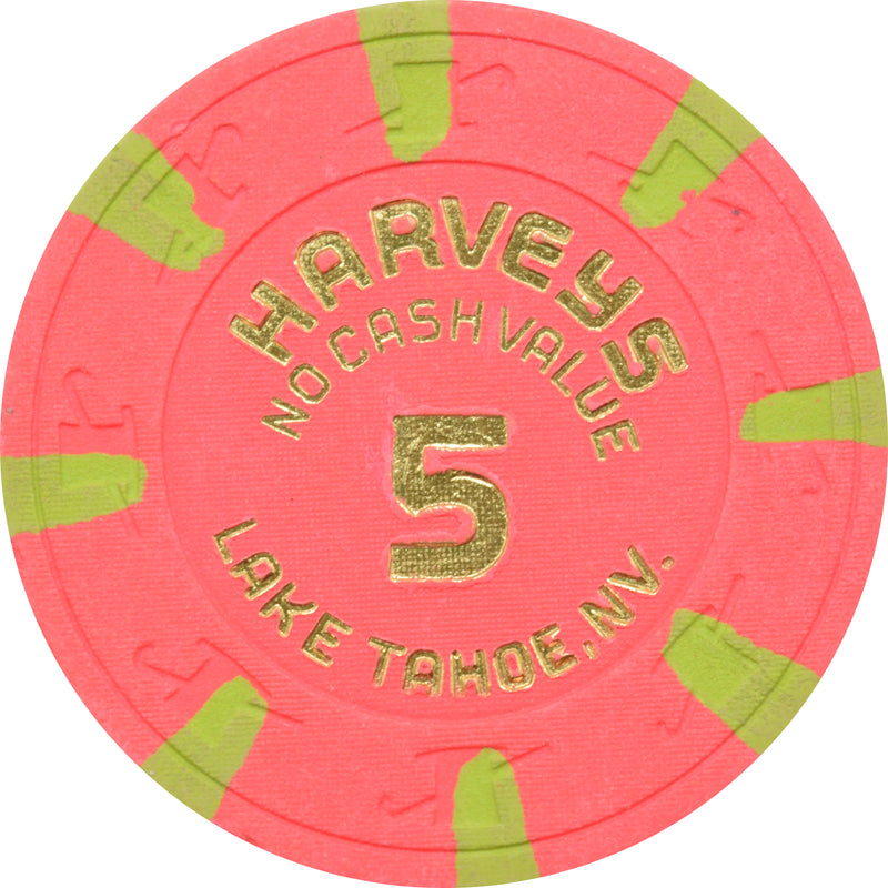 Harvey's Casino Lake Tahoe Nevada $5 No Cash Value Pink with Edge Spots Chip 1990